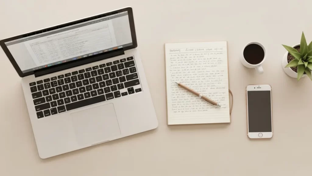 Freelancer iniciante trabalhando em notebook com anotações, representando serviços online como forma de renda extra