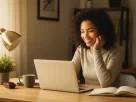 Pessoa sorrindo enquanto usa notebook em casa, representando liberdade financeira com renda extra online
