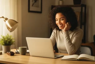 Pessoa sorrindo enquanto usa notebook em casa, representando liberdade financeira com renda extra online