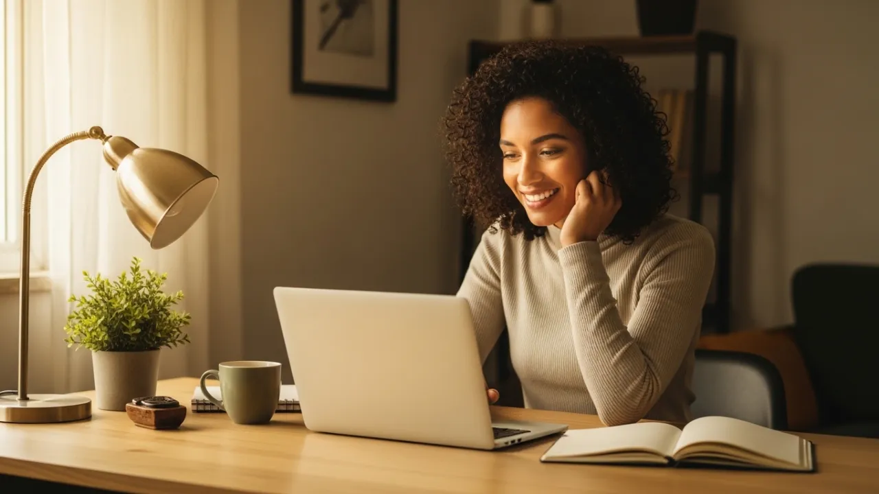 Pessoa sorrindo enquanto usa notebook em casa, representando liberdade financeira com renda extra online