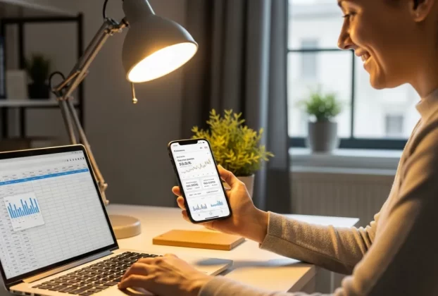 Pessoa sorrindo enquanto usa o celular para trabalhar em casa e gerar renda extra