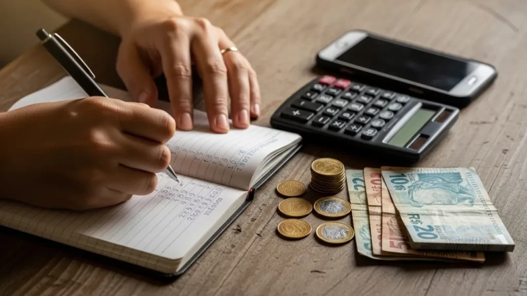 Pessoa anotando preços e calculando ganhos de renda extra em um caderno com calculadora ao lado