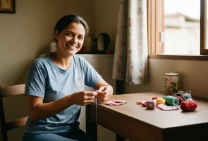 Pessoa sorrindo enquanto trabalha em casa gerando renda extra com suas habilidades