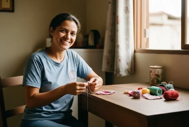 Pessoa sorrindo enquanto trabalha em casa gerando renda extra com suas habilidades