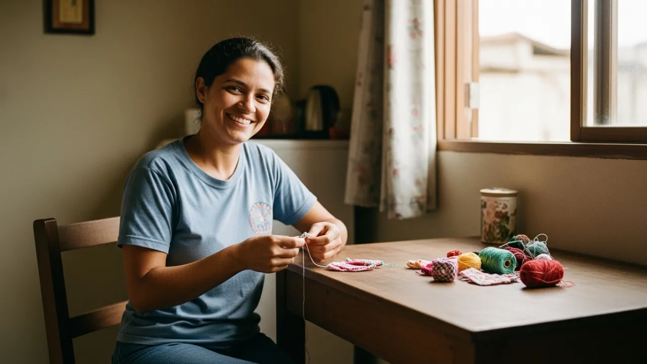 Pessoa sorrindo enquanto trabalha em casa gerando renda extra com suas habilidades